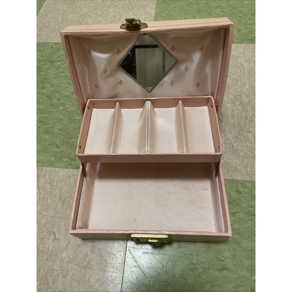 Vintage Small Dusty Pink 2 Tier Jewelry Box Satin lined Mirror